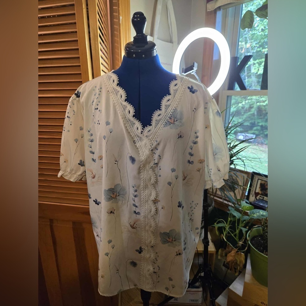 Floral Lace Trim Blouse - White and Blue